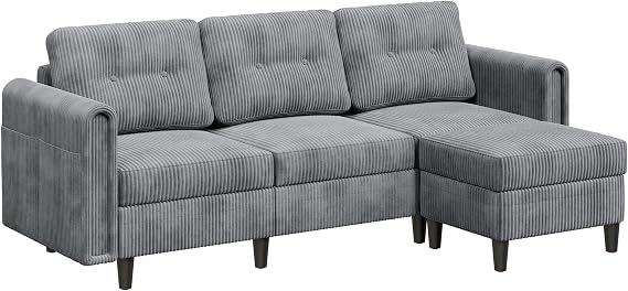 Yaheetech Corduroy Reversible 3-Seater L-Shaped Sectional Sofa, Light Grey