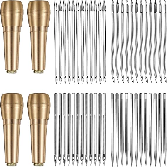 HSOKEW Leather Sewing Awl Kit, 52 Pcs Metal Needles & Hooks with Copper Handle, Sharp Points, Ideal for Leather, Canvas, Shoes & Soles Repair