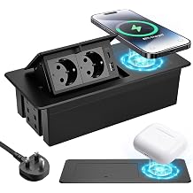 Pop Up Desktop Socket, Recessed Power Strip with USB C PD20W & 15W Wireless Charging, 2 AC Outlets for Kitchen Worktop Conference Desk, 1.8M Cable – Black, UK Plug
