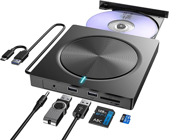 External CD DVD Drive USB 3.0 Type C DVD Drive External with SD/TF Card Reader and 2 USB-A Ports Portable RW DVD Burner External for Laptop Desktop MacBook iMac Win 11/10/8/7/XP/Linux/MacOS