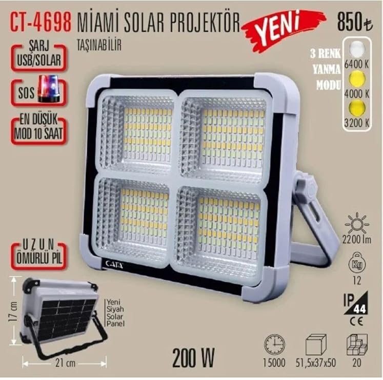 Cata Ct-4698 Taşınabilir Şarjlı Solar Projektör (200W)
