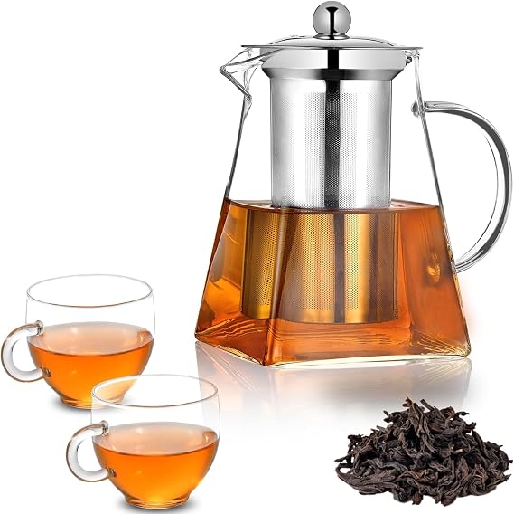 550ML Borosilicate Glass Teapot Set, Loose Leaf Teapots with Infuser, Square Tea Pot with Strainer & 2 Cups