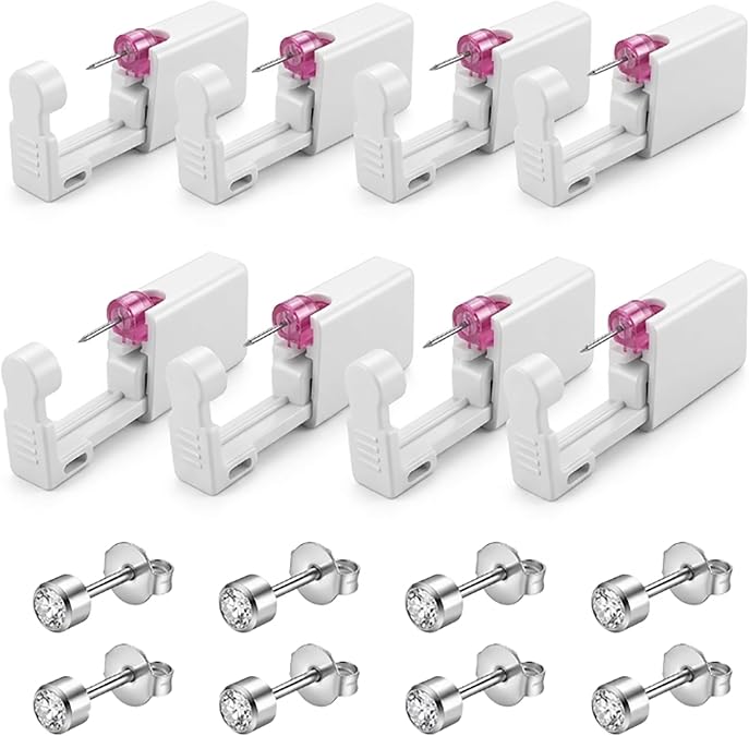 8PCS Self Ear Piercing Kit Disposable Gun with Crystal Stud Earrings