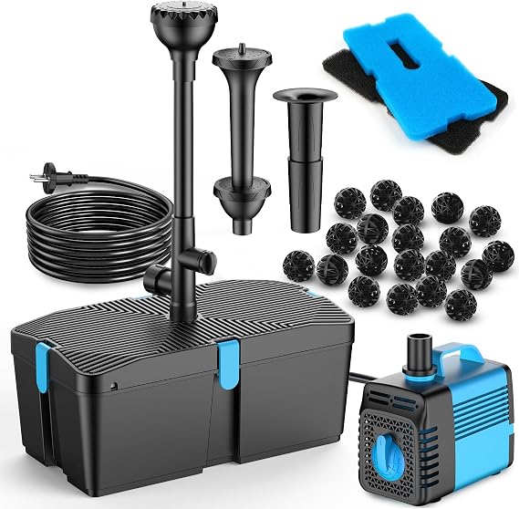 Pond Pump with Filter and Fountain Set 60W 3100L/H Pond Pump and Filter Kit Pond Filter for Outdoor Ponds Clean Koi Pond Filter