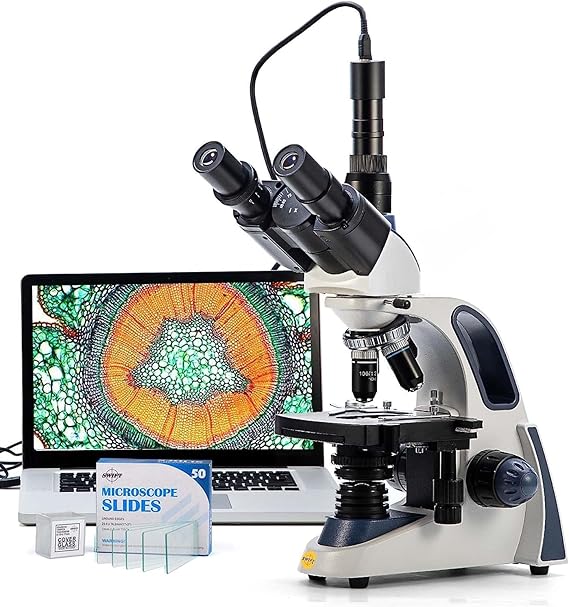 Swift SW380T Compound Trinocular Microscope, 40X-2500X Magnification, Two-Layer Mechanical Stage, 5.0 MP Camera and Software Windows/Mac Compatible and 100 PCS Blank Slides