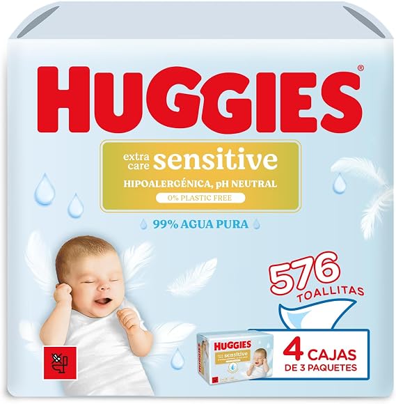 Huggies Extra Care Sensitive Baby Wipes, 99% Pure Water, 12 Packs of 48, Total 576 Wipes