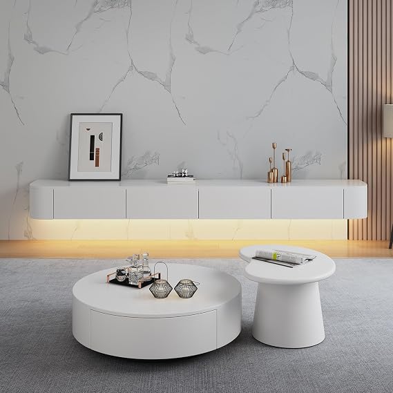 Floating tv unit Floating TV Cabinet Wall Mounted Home Storage Cabinet With Doors Entertainment Media Console Solid Wood Modern Living Room Round Corner (WHITE+NEW, 240CM)