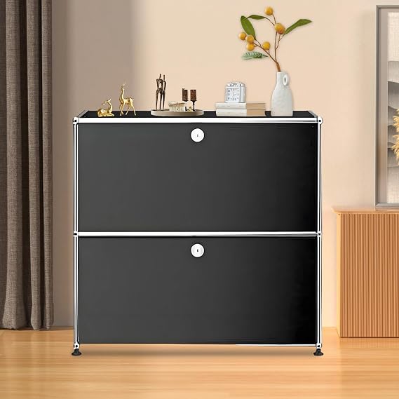Modern Storage Cabinet, Versatile Side Table Organizer, Metal Frame Sideboard Storage, Free-Standing Organizer Cabinets for Home, Living Room, Office, Kitchen, Small Spaces (Black)