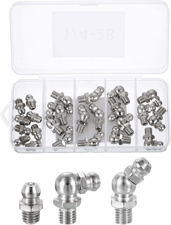 sourcing map 24pcs Nickel-Plated Steel Straight and Angled Grease Fitting 1/4"-28 Thread Straight 90 Degree 45 Degree Hydraulic Grease Nipple Accessories