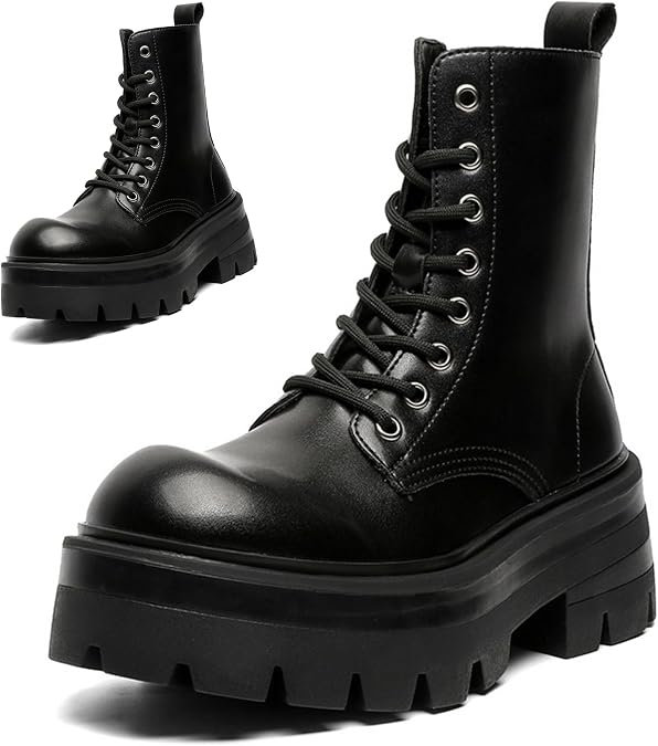 CrazySavage Men's Black Leather Lace-up Platform Combat Boots Wide Toe Side Zipper Chunky Heel Lug Sole Ankle Booties Comfort High Top Waterproof Biker Boots