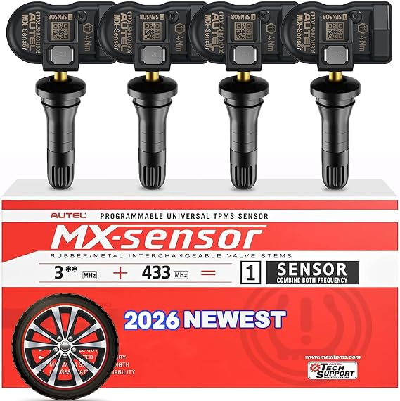 Autel TPMS Sensor 2in1 315MHz + 433MHz MX Sensor, 1-Sensor Press-in Tire Pressure Monitor System Sensor, OE-Level Programmable & Cloneable Wireless TPMS Sensor for All Vehicles (Rubber Valve, 4PCS)