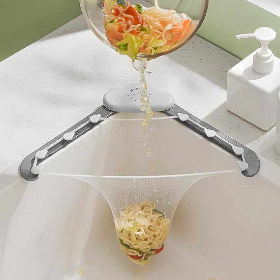 Kitchen Sink Triangle Tri-Holder Filter, Sink Food Catcher, Corner Sink Strainer Basket, Kitchen Leftovers Filter, Sink Garbage Holder with a Triangular Rack and 100 Pcs Large Size Filtering Mesh Bags
