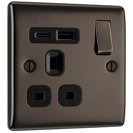BG Electrical 18W Single Switched Power Plug Wall Socket with Type A USB and Type C USB Charging Ports, Fast Charge, Raised and Slim Profile, Round Edges, Nexus Metal, Black Nickel, 13A, NBN21UAC18B