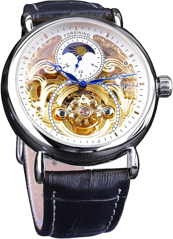 FORSINING Luxury Men's Moon Phase Tourbillon Retro Skeleton Hollow Automatic Mechanical Wrist Watch Leather Strap Automatic Movement Men's Watches, silver white, Mechanical
