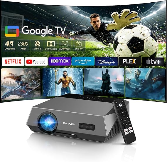 4K Ultra HD Google TV Projector, 2300 ANSI Lumens Daytime Smart Projector with Wi-Fi 6 & Bluetooth, ToF Auto-Focus, 38W Dolby Audio, HDMI ARC, Home Ceiling Projectors for Bright Rooms, Outdoor Movie