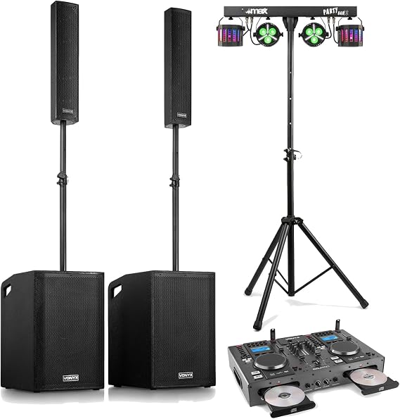 Vonyx VX1080BT DJ PA System with Dual 15" Subs, Column Speakers, Double CD Mixer, Party Light Bar & 6m RCA Cable, Bluetooth/USB, Plug & Play Setup, High SPL, for DJs, Events, Parties, Mobile Gigs