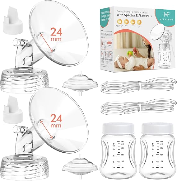 Breast Pump Parts Compatible with Spectra S1,S2,S9 Plus, Replacement Kit for Spectra Pump Parts 2PCS Include 24 mm Flange, Duckbill Valve, Tube,Bottle, Backflow Protector, Not Original Accessories
