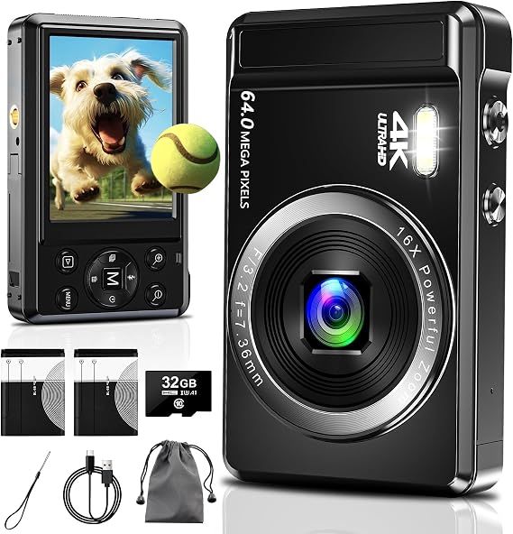 Digital Camera 4K Photo Camera 64MP - with 32 GB Memory Card Digital Camera 16X Digital Zoom Simple Portable Camera and Rechargeable 2 1200 mAh Batteries for Children Teenagers Seniors Beginners