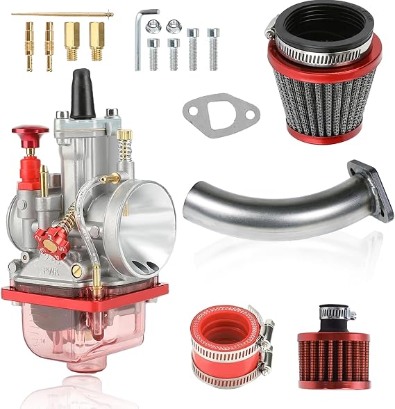 JMCHstore PWK24 Carburator w/Curved Manifold Racing Performance Slide intake pipe Carb Kit For Predator 212cc GX200 Coleman Baja CT200U BT200X Mini bike 196 Clones Engine, KT196 Go kart (Rage Red)