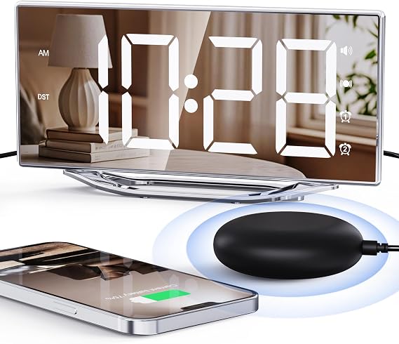 Mesqool Digital Alarm Clock with Bed Shaker, Vibrating Dual Alarm for Heavy Sleepers, 8.7" Dimmable LED Mirror Display, 7-Level Volume & Brightness, Snooze, DST, USB Charger