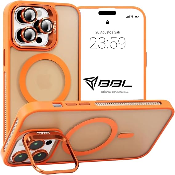 Babilden iPhone 14 Pro İçin Kılıf Kamera Korumalı Magsafe İle Uyumlu Kablosuz Şarj Özellikli Mat Şeffaf Renkli Standlı Lens Hediyeli Telefon Kılıfı (Turuncu)