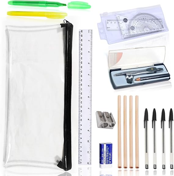 18 Pcs School Stationary Sets, Back to School Stationery Set, Exam Stationery Set, Assorted Stationary Pack with 4 Graphite Pencils, 4 Pens, 2 Highlighter, Eraser & Sharpener, Compass, Pencil Case