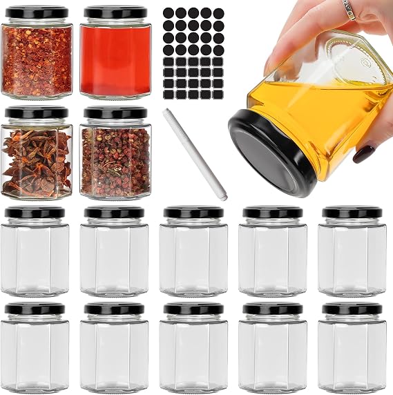 180ml Hexagonal Jars with Black Lid, 15 Pack 6oz Airtight Mason Jars, Food Storage Jars for Spice, Jam, Honey, Yogurt, Baby Food, with 40 Stickers and 1 Piece