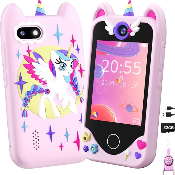 Kids Smart Phone for Girls Gifts - Toddler Christmas Birthday Gift for Age 3 4 5 6 Year Old, Kids Mobile Phone Toy with Touchscreen, Dual Cameras, Learning, Music Player, Games with 32 GB Card (pink)