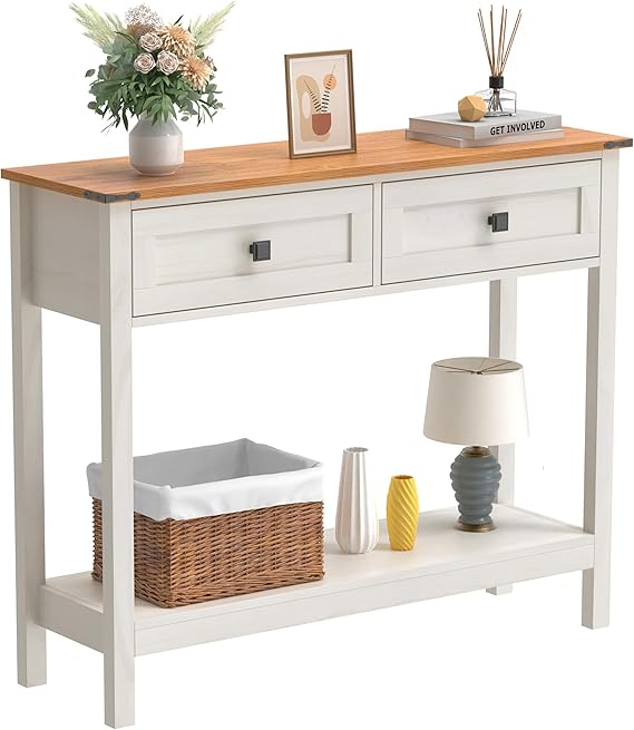 Trironsun Farmhouse Console Table with 2 Drawers for Entryway Rustic Hallway Table with Wooden Frame and Open Storage Shelf Sofa Table for Bedroom or Living Room (Antique white)