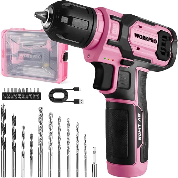 WORKPRO 8 V Cordless Drill Driver Kit with 21 Accessories, Pink