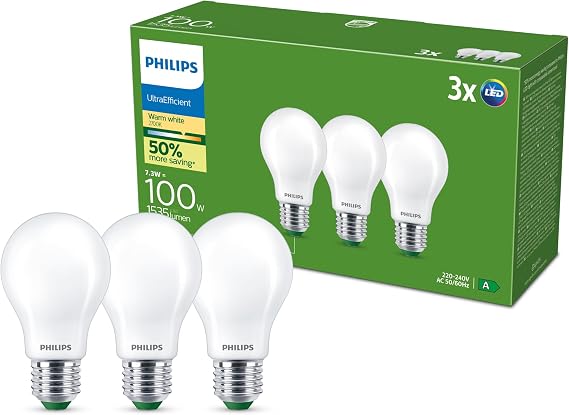 Philips Ultra Efficient LED Bulb A60, E27, 1535 lm 7.3W White Pack of 3 [Energy Class A]
