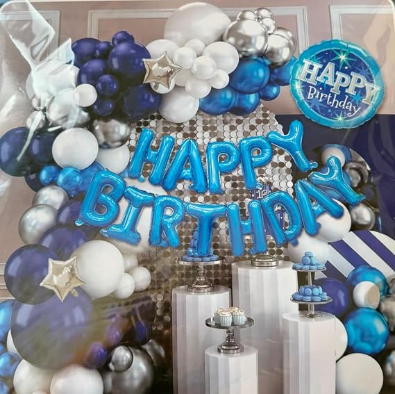 Mavi Doğum Günü Balon Süsleme Seti, Happy Birthday Folyo Yazı Balonu, 50'li Balon Zinciri Dekorasyon Kiti, Parti Süsleri