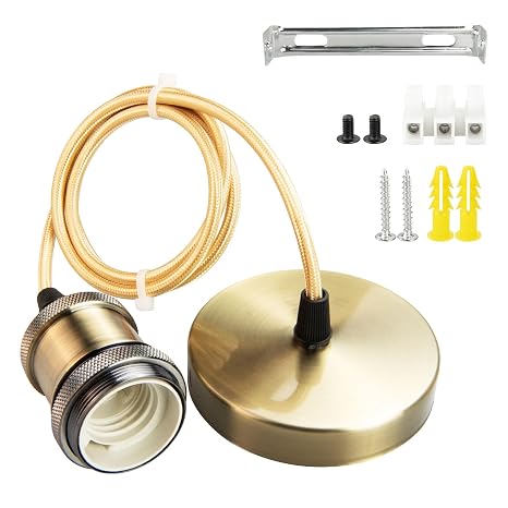 Ceiling Pendant Light Fitting Vintage Antique Brass E27 Screw Lamp Holder with 100cm Braided Flex Cable Free Adjustment Lock Ring IP44 Waterproof light fittings ceilings 1 Pack