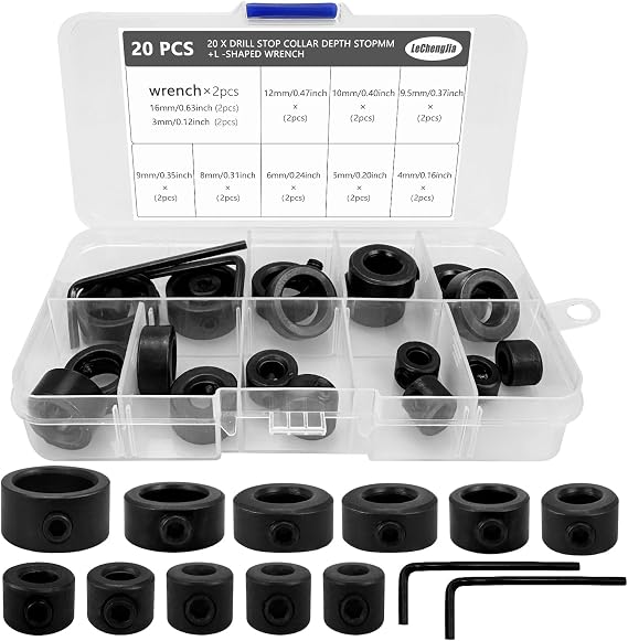 20 Pcs Drill Bit Depth Stop Collar Ring Positioner Locator 10 Specifications Woodworking Drill Bit Set Limit Ring Black with Hex Wrench for Drill Drilling(3/4/5/6/8/9/9.5/10/12/16 mm)