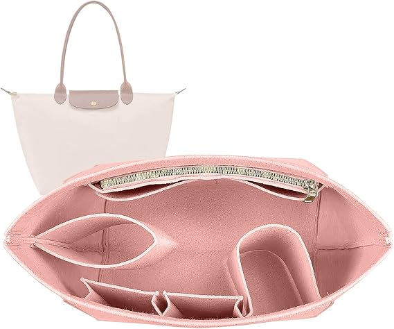 Lckaey tote bag organizer insert for Longchamp le pliage large tote insert felt purse zipper bag organizer 1028pink-L