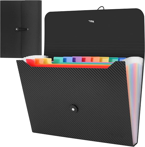 Uquelic 1 x A4 Document Folder with 13 Compartments Expanding Folder A4 Document Pockets Plastic Document Folder Expandable Organiser Folder (Black Twill)