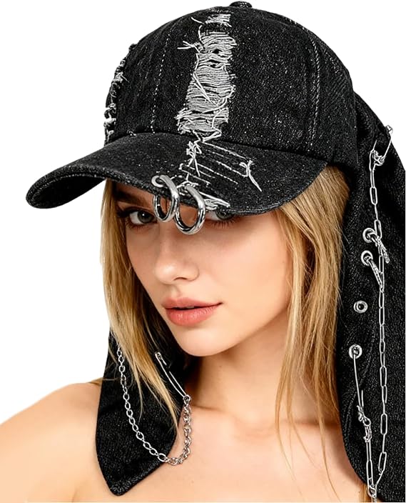 Gothic Denim Rabbit Hat with Ears Bunny Ears Hat Y2k Grunge Iron Ring Chain Cap Distressed Baseball Caps Ripped Jean Cap