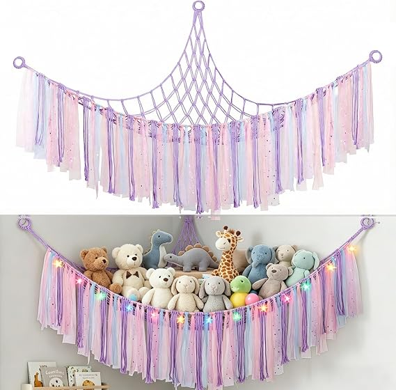 Purple Stuffed Animal Hammock, Large Teddy Storage Toy Net for Stuffed Animals with LED Lights & Stars Tassels, Macrame Net Wall Hanging Organizer with Rings for Kids Room, Nursery Decor 59x39x39 in