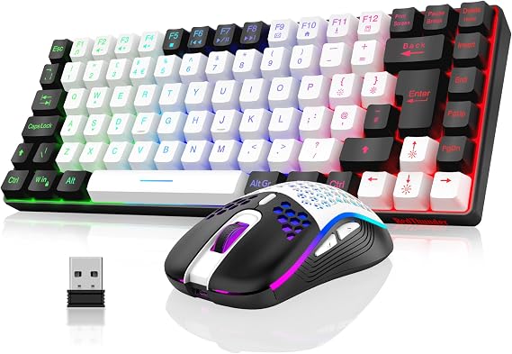 RedThunder K84 75% Wireless Gaming Keyboard and Mouse Rainbow Backlight UK Layout 85 Keys TKL Ultra Compact Mini Design Lightweight Honeycomb Gaming Mouse for PC Mac PS5 Office Gamers (White-Black)