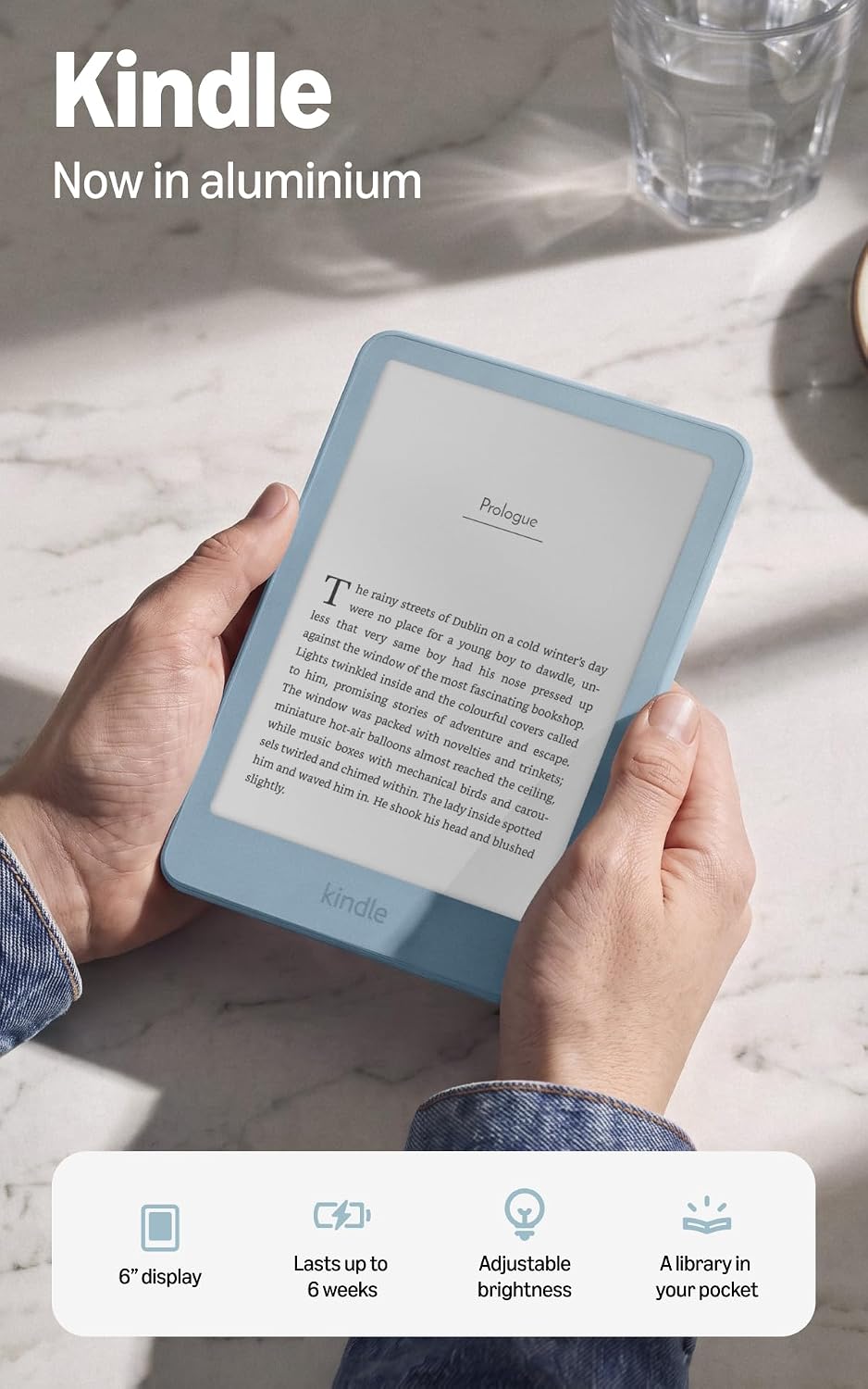 Amazon Kindle 32GB (Newest Gen), Thinner, new aluminium design, 6" display, Without ads - Alpine Sky Aluminium