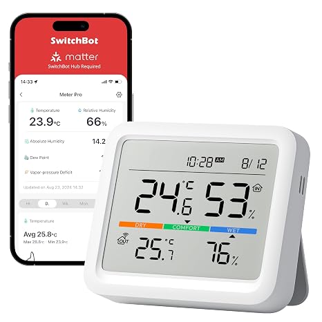 SwitchBot Hygrometer Indoor Thermometer Temperature Sensor with Date/Weather Forecast/Intelligent Warning Free Data Storage Export SwitchBot Hub and Outdoor Meter Required for Weather Station