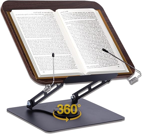 ASIEIT Book Stand for Reading Adjustable Book Holder with 360° Rotating Base Foldable Cookbook Stand with Elastic Page Clips for Kitchen Office Sheet Music Recipe Magazines Laptop