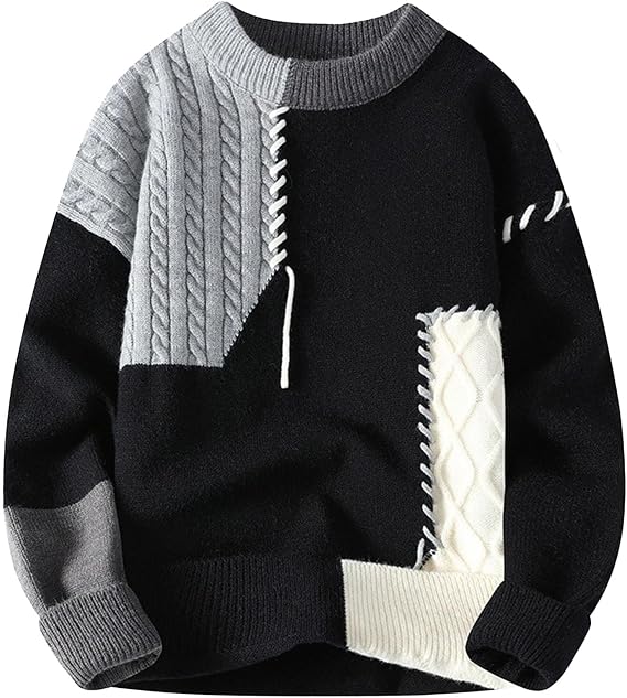 Men's Patchwork Sweater Colorblock Knit Jumper Cable Pullover Oversized Casual Varsity Knitwear Winter Outwear