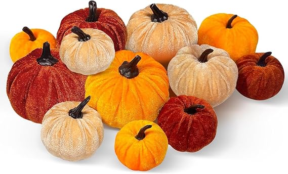 12 Pcs Fall Artificial Pumpkins, 3 Sizes Fake Velvet Small Foam Pumpkin, Orange Brown Khaki Harvest Pumpkins, for Fall Harvest Thanksgiving Halloween Autumn Party Table Decor Decoration