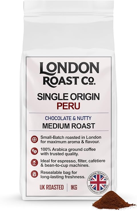 London Roast Co. Single Origin Peru Ground Coffee 1kg – Medium Roast 100% Arabica Coffee – Smooth Chocolate & Nutty Notes – Small Batch London Roasted – Ideal for Cafetière, Filter & Espresso
