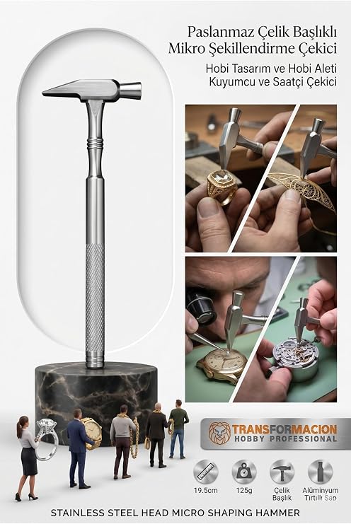 Transformacion Profesyonel Kuyumcu ve Saatçi Çekici - 19.5 cm Paslanmaz Çelik Başlıklı Mikro Şekillendirme Çekici - Alüminyum Tırtıklı Hassas Takı Tasarım ve Hobi Aleti 723312