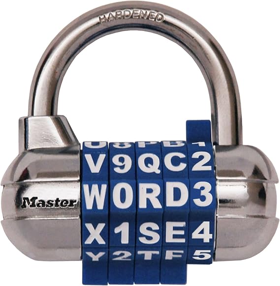 Master Lock 1534JADBLU Padlock, Dial, Passcode Setting, Word, Number, Body Width: 2.5 inches 64 mm, Height Inside Diameter: 1.1 inches 29 mm, Crime Prevention, Blue