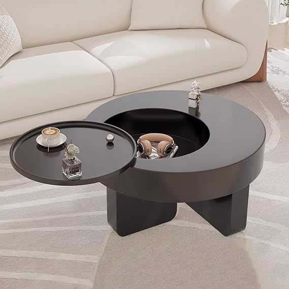 Modern Round Coffee Table with Hidden Compartment Storage Shelf Small Wood End Table for Home Sofa and Tea Cocktail Table for Living Room Kotatsu Table with Meditation Floor Design (Black)