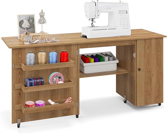 COSTWAY Folding Sewing Table, Rolling Craft Table Hobby Desk with Storage Shelves, Side Cabinet and Lockable Wheels, Space Saving Drop Leaf Sewing Machine Table Computer Desk Workstation (Brown)