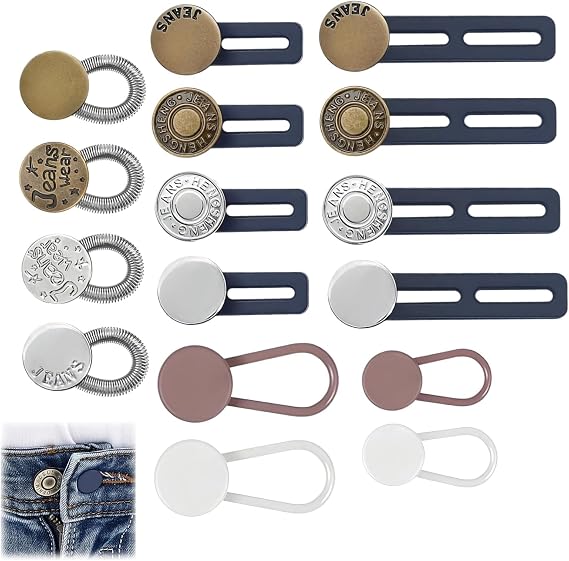 16PCS Button Extender for Trousers & Jeans, Waistband Extender with Elastic Collar, Adjustable Extenders for Cuff & Trouser, Durable & Reusable Jean Button Replacement (4 Colors & 3 Styles)